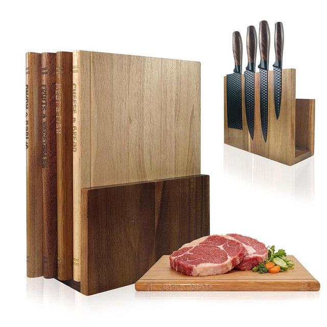 Book Cutting Board Set of 4,Solid Wood Cutting Board Library with Magnetic Knife Stand and Food Labels,Kitchen Countertop Chopping Boards for Bread,Cheese,Fish,Meat,Fruits and Vegetables,No Knives(4)