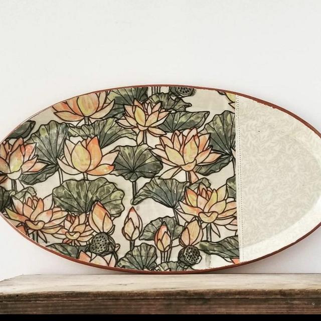 Lotus Platter 14"x7" - hand decorated