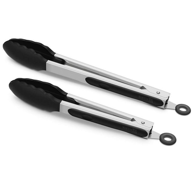 2 Pack Black Kitchen Tongs, Premium Silicone BPA Free Non-Stick Stainless Steel BBQ Cooking Grilling Locking Food Tongs, 9-Inch 12-Inch
