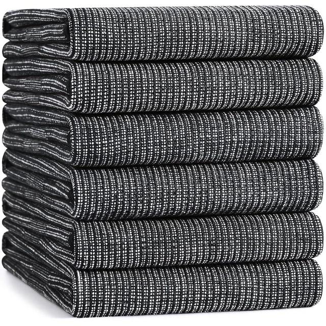 Mordimy Premium Kitchen Towels 6 Pack (18 x 28 Inches, Black), Large Cotton Kitchen Hand Towel, Flat & Terry Dish Towels for Drying Dishes, Super Absorbent Tea Dishtowels Set with Hanging Loop