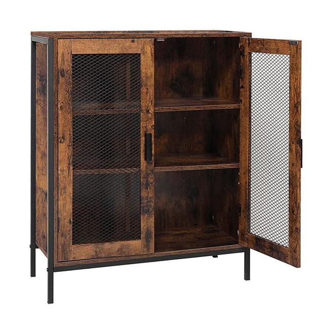 USIKEY Floor Storage Cabinet, Buffet Sideboard with 2 Mesh Doors & 1 Adjustable Shelf, Industrial Cupboard with 3 Compartments, Free Standing Cabinet for Living Room, Entry, Kitchen, Rustic Brown