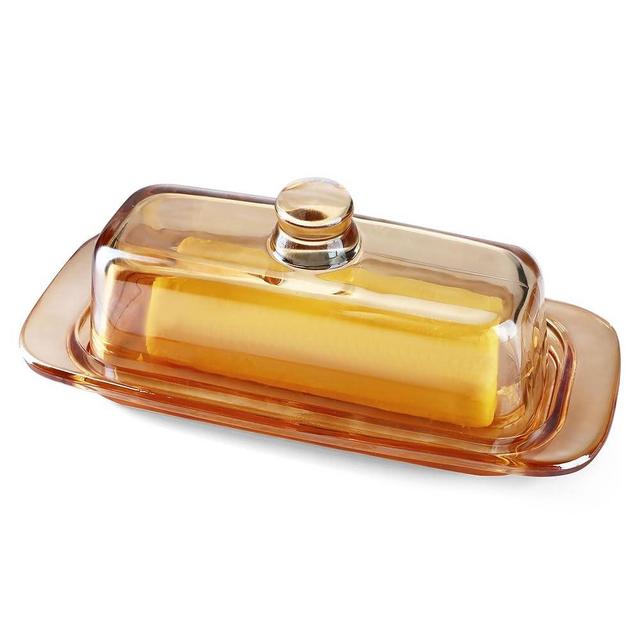 Champagne Vintage Glass Butter Dish with Lid for Countertop, Glass Butter Dish with Cover for Refrigerator, Cute Crystal Covered Butter Holder Tray