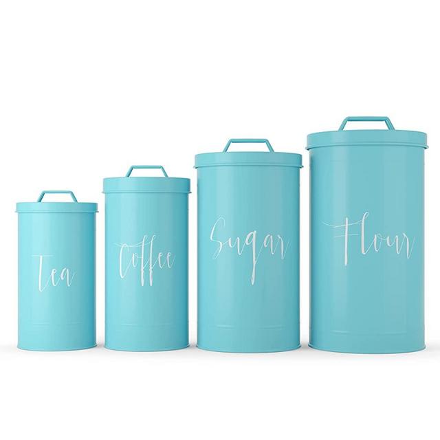 Modern Barnhaus Teal Canister Sets for Kitchen Counter, Vintage Kitchen Canisters, Country Rustic Farmhouse Decor for the Kitchen, Coffee Tea Sugar Flour Farmhouse Kitchen Decor, Metal, Set of 4