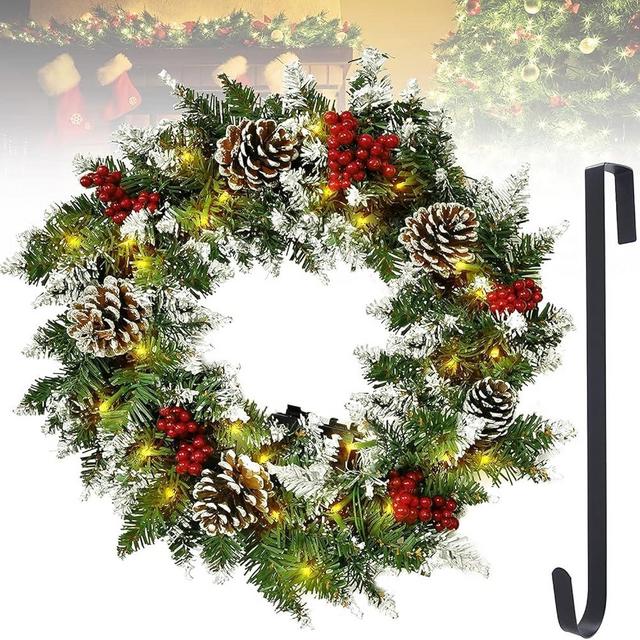 Christmas Wreath with Hanger, 18inch/45cm Artificial Christmas Garland for Front Door with 50 LED Lights, Pre-Lit Xmas Wreath for Winter Decorations Door Wall Hanging Ornaments
