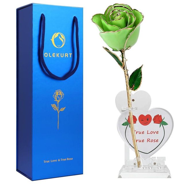 OLEKURT Gold Dipped Rose 24K - Real Rose Hand Dipped in 24K Gold Roses, Anniversary Valentines Day Mother Day Best Gifts for Her Wife Mom(Green Rose with Love Stand)
