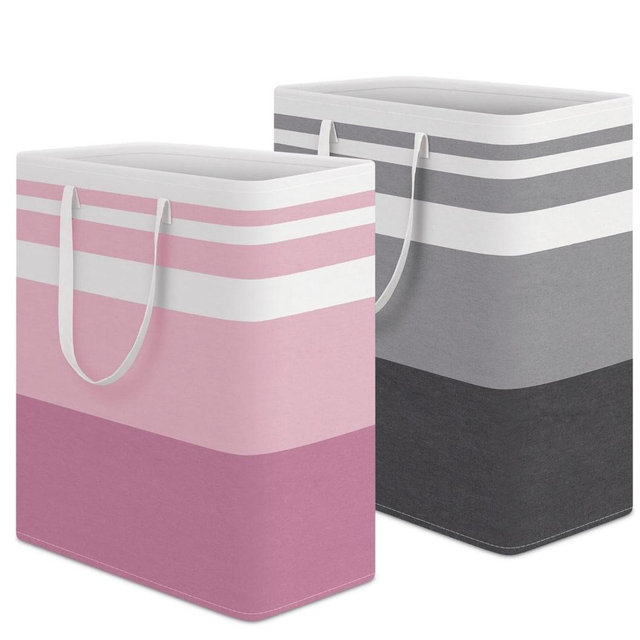 HomeHacks 2 Pack Large Laundry Baskets, Waterproof, Freestanding Laundry Hampers, Collapsible Clothes Hamper with Reinforced Handles in Laundry, College Dorm, Bathroom, Bedroom (Grey+Pink, 125Lx2)