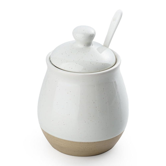 famiware Milkway Sugar Bowl with Lid and Spoon, 10oz Ceramic Sugar Jar/Pot/Dispenser for Salt, Condiments, Spice, Seasonings, Sugar Container for Coffee Bar, Home, Kitchen, and Countertop, White