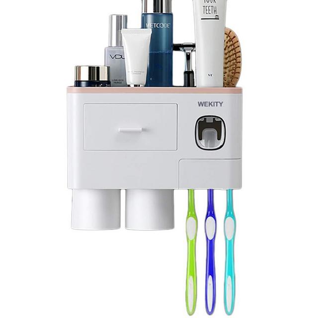 Wekity Multifunctional Wall-Mounted Toothbrush Holder, Automatic Toothpaste Dispenser Space Saving Toothbrush Organizer with Dustproof Cover, Cups and Drawers Cosmetic Organizer (2 Cups, Pink)