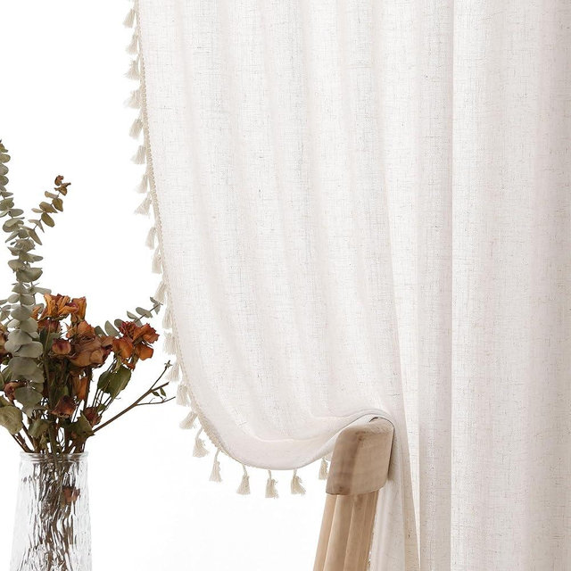 SPWIY Cream Boho Linen Curtains 54 Inches Long 2 Panels Semi Sheer Curtain Tassel Rod Pocket Back Tab Light Filtering Neutral Farmhouse Bohemian Drapes for Living Room Bedroom 38x54