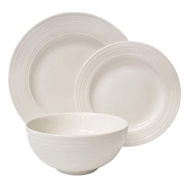 Tabletops Gallery Embossed Bone White Porcelain Round Dinnerware Collection- Chip Resistant Scratch Resistant, Contempo 12 Piece Dinnerware Set (Dinner Plate, Salad Plate, Cereal Bowl)