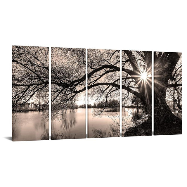 sechars Extra Large 5 Piece Wall Art Old Tree by Lake Picture Canvas Prints Sepia Brown Sunrise Landscape Painting Art Modern Home Living Room Decoration Framed Ready to Hang 16"x40"x5PCS (Brown)