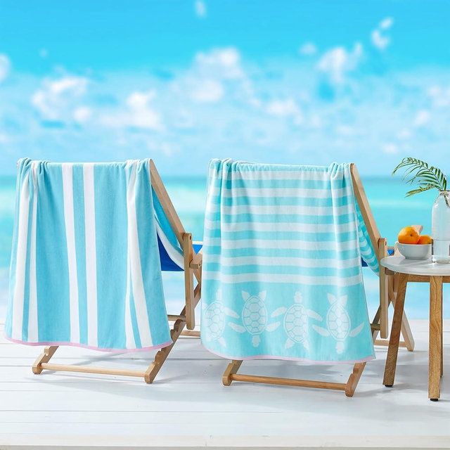 Great Bay Home 100% Cotton Beach Towels | 2 Pack of 30 x 60" Blue Pool Towels for Adults and Kids | Absorbent & Quick Dry Towels (Seafoam Turtle & Stripes)