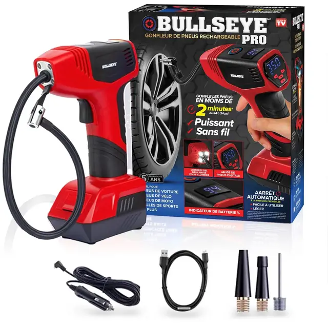 Bullseye Pro Portable Rechargeable Tire Inflator with Digital Pressure Gauge - Red