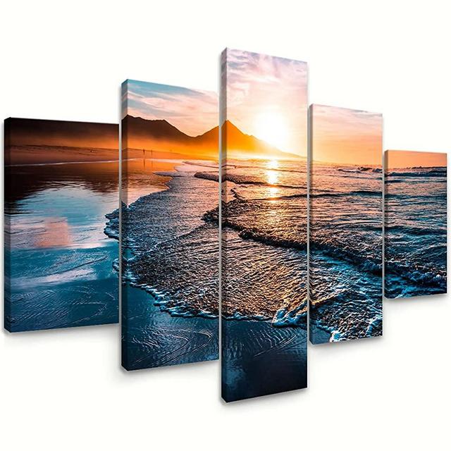 Canvas Prints Wall Art Beach Sunset Ocean Waves Nature Pictures for Living Room Office Home Decorations 5 Piece Large Modern Stretched and Framed Ready to Hang Landscape Artwork