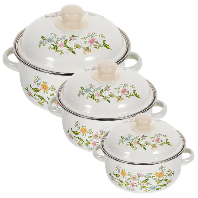 3Pcs Enamel Cooking Pot Set: Multi-Functional Double Ear Soup Pots with Lid, Flat Bottom Stockpots for Home Restaurant Use