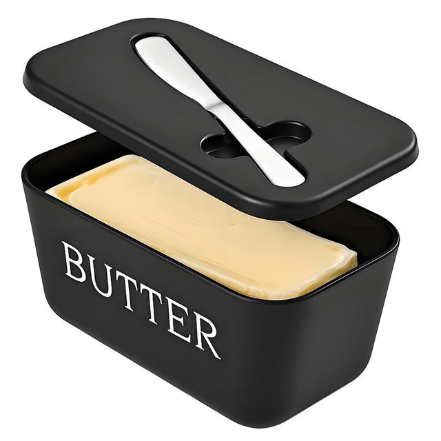 Large Plastic Butter Dish With Lid And Knife,Food Grade PP Butter Holder Keeper With Cover For Kitchen Refrigerator Black Butter Container