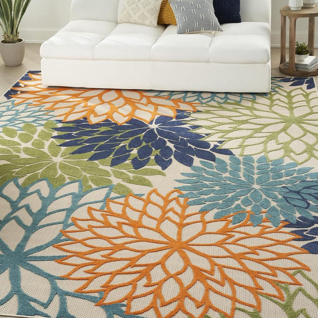 Nourison Aloha Indoor/Outdoor Multicolor 9' x 12' Area Rug, Tropical, Botanical, Easy Cleaning, Non Shedding, Bed Room, Living Room, Dining Room, Deck, Backyard, Patio (9x12)