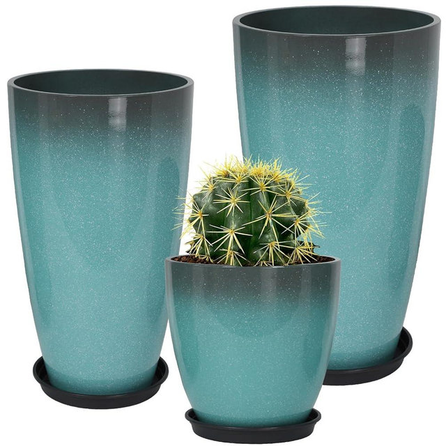 Neoaider 24/21/12 Inch Large Plastic Planter, Lightweight Ceramic-Look Tall Planters with Drain Hole & Saucers, Tall Plastic Planters for Porch, Garden, Patio, Balcony(Sky Blue)