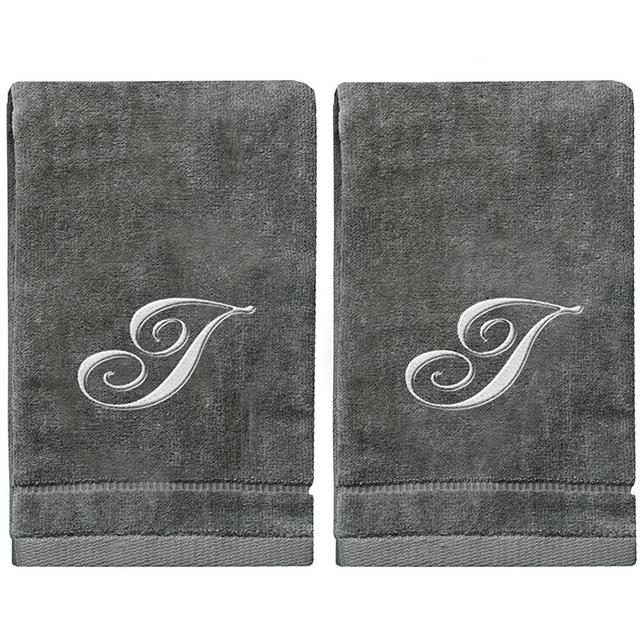 Monogrammed Towels Fingertip, Personalized Gift, 11 x 18 Inches - Set of 2- Silver Embroidered Towel - Extra Absorbent 100% Cotton- Soft Velour Finish - For Bathroom/ Kitchen/ Spa- Initial I (Gray)