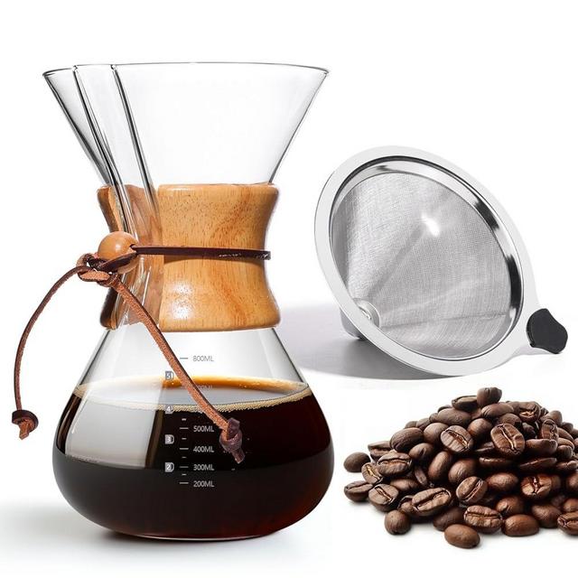 Yopinmall Pour Over Coffee Maker 27 OZ, 8 Cup Borosilicate Glass Drip Coffee Maker with Reusable Stainless Steel Filter and Cork Grip for Home Café 800 ML