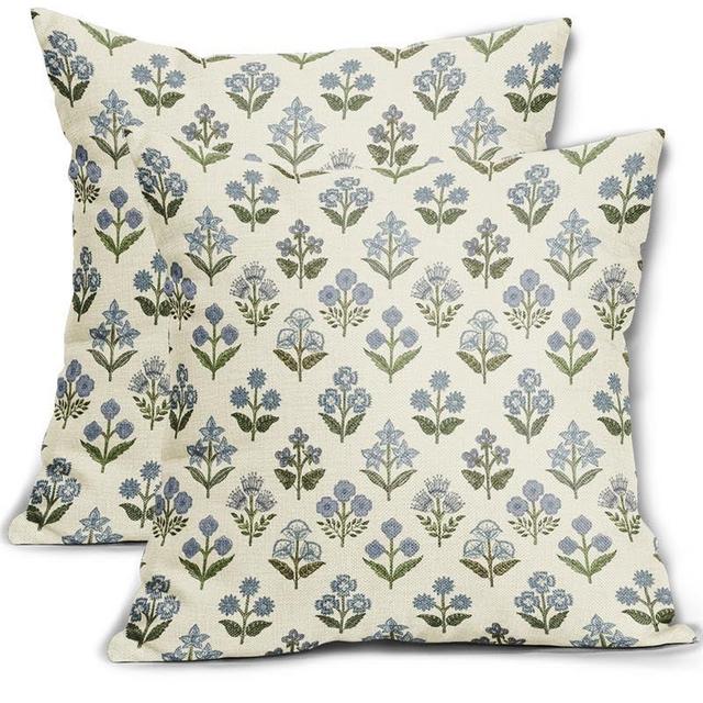 Sivirary Blue Green Block Print Pillow Covers 18x18 Inch Set of 2, Vintage Floral Decorative Throw Pillow Cases Boho Cushion Covers Rustic Decoration Gift Farmhouse Sofa Couch Bed Decor