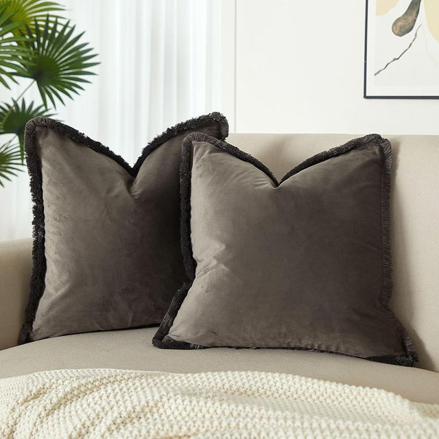 JUSPURBET Pack of 2 Ash Decorative Fringe Velvet Throw Pillow Covers 24x24 for Home Decor Living Room Bedroom Car Boho Soft Cushion Cover with Hidden Zipper Machine Washable