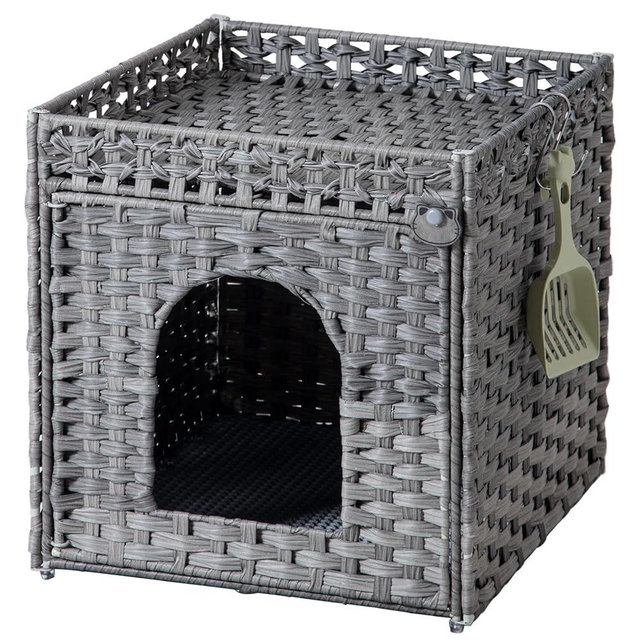 SETVSON Cat Litter Enclosure with Hidden Litter Mat and Rattan Cat House, Supports Two Litter Boxes, Ideal for Living Room or Bedroom (Gray)