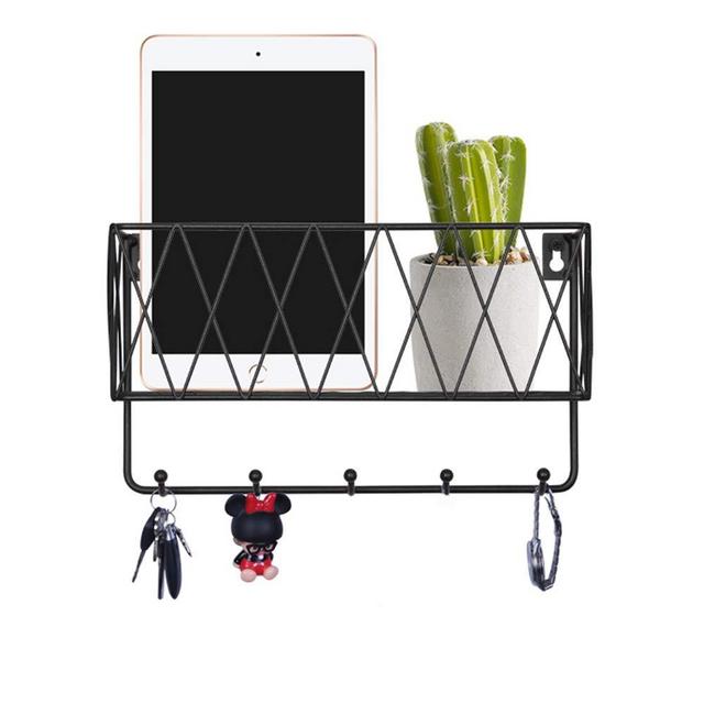 OROPY Entryway Mail Holder with Key Hooks, 10.8" L×3.1" W×6.1" H, Wall Mounted Matte Black Metal Wire Mesh Storage Basket with 6 Hooks, Easy to Organize Letters, Magazines, Keys, Leashes for Entryway