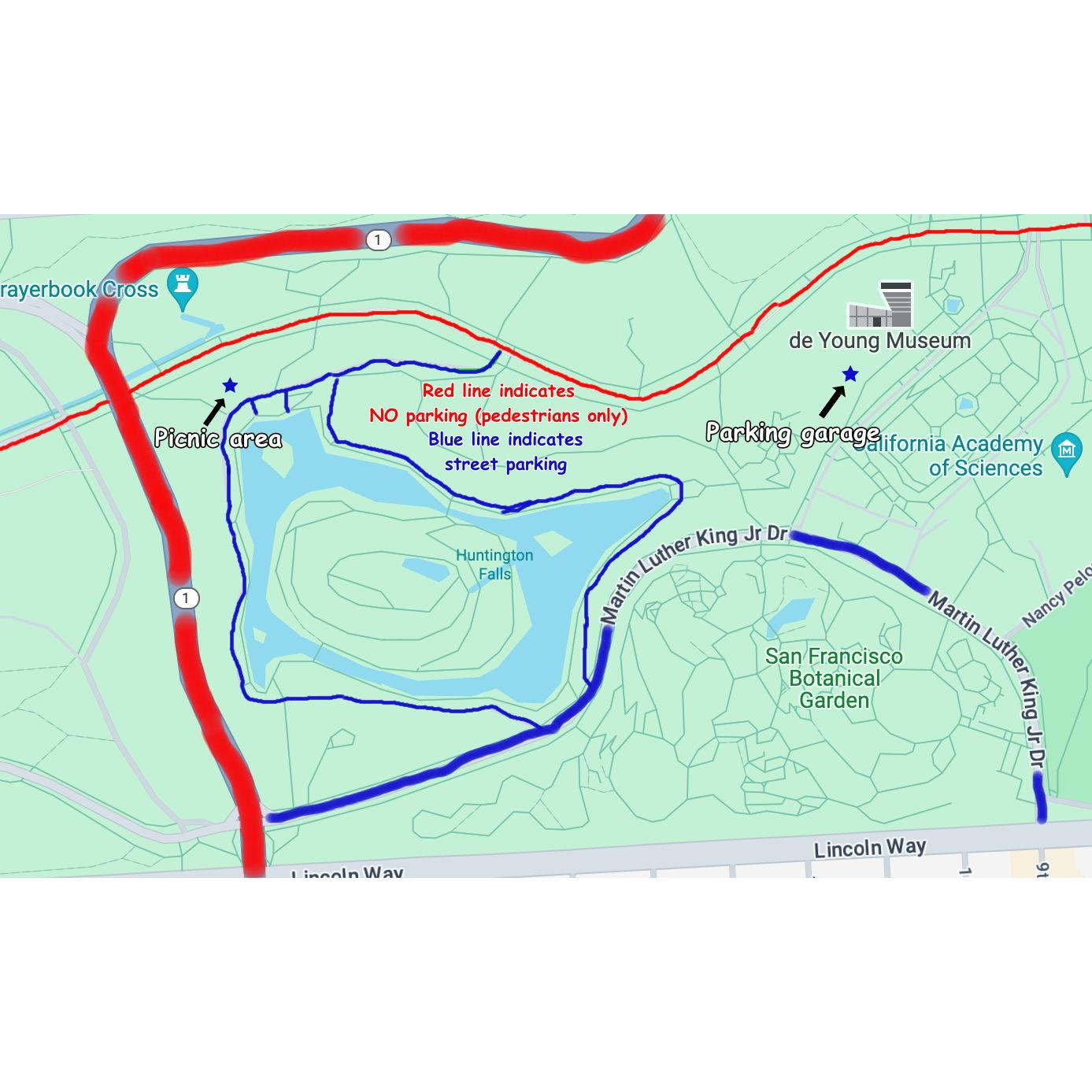 Where parking is and is not allowed. Note that there is a large parking garage relatively near the picnic area and is easy to walk to and from.