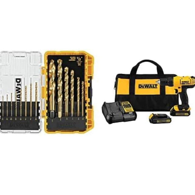 DEWALT 20V Max Cordless Drill / Driver Kit, Compact, 1/2-Inch with 14-Piece Titanium Speed Tip Drill Bit Set (DCD771C2 & DW1341)