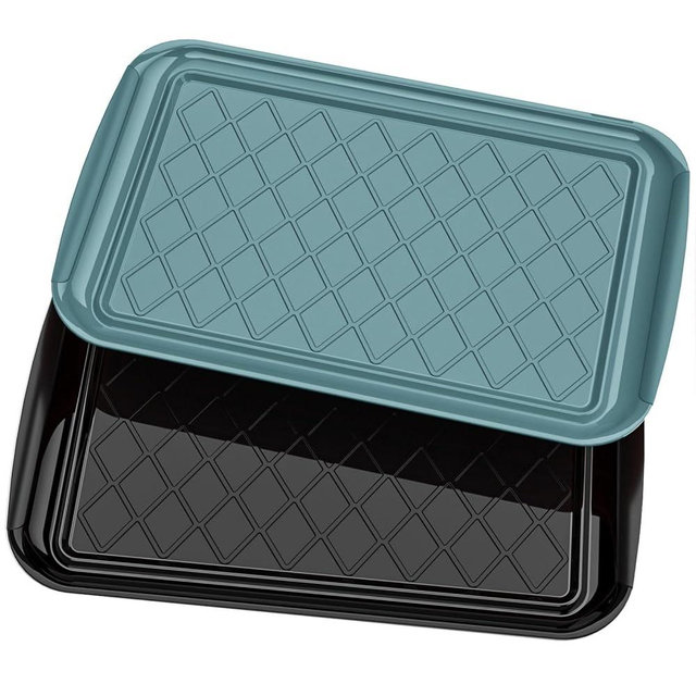 Serving Trays for Party - Set of 2, Large Serving Platters for Raw and Cooked Food, Dishwasher Safe, 17×10.5-inch Stackable Plastic Party Supplies for Grilling, BBQ, Meal Prep (Green, Black)