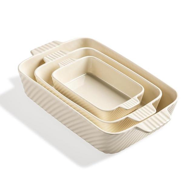 Sweejar Ceramic Baking Dish Set, Cake Baking Dish for Brownie, Porcelain Striped Casserole Dishes for Oven with Handle for Lasagna, Family Dinner(Beige)
