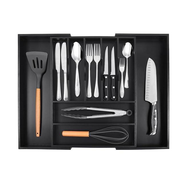 Bellsal Large Premium Bamboo Silverware Organizer - Expandable Utensil Drawer Organizer - 17"x19.6" Utensil Holder and Cutlery Tray with Grooved for Kitchen Flatware and Utensils(7-9 Slot, Black)
