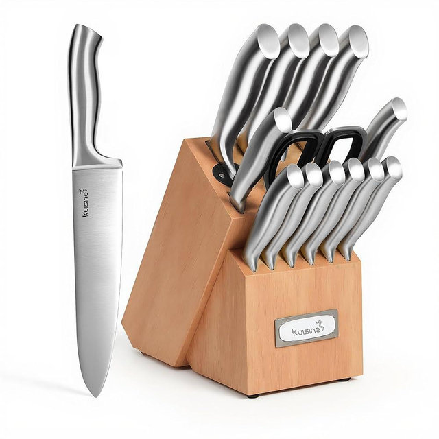 Kuisine Sharp Chef Knife Set with block, One piece Molding High Carbon Stainless Steel Forged,Ergonomic Non-slip Handle Knife Block Set with built-in Sharpener Upgraded (Silver Nature,15PCS)