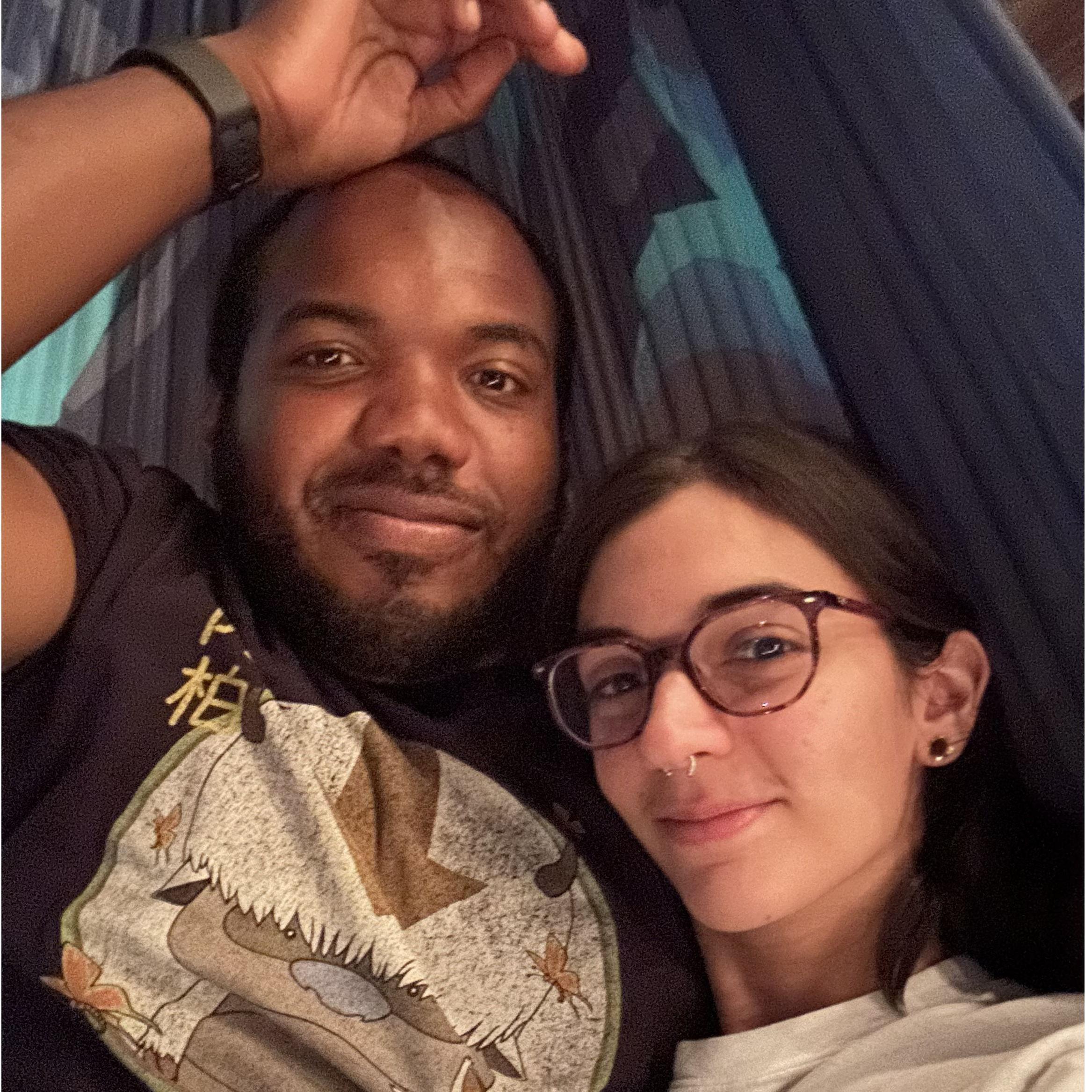 A photo in our backyard hammock, one of our favorite places.