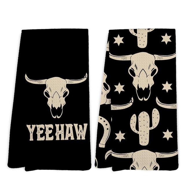 Yorhifa Western Kitchen Towels Set of 2, Bull Skull Western Black Dish Hand Tea Towels for Kitchen Decor, Western Yeehaw Decorative Kitchen Towels, Western Bull Head Bathroom Kitchen Decor, 16x24inch