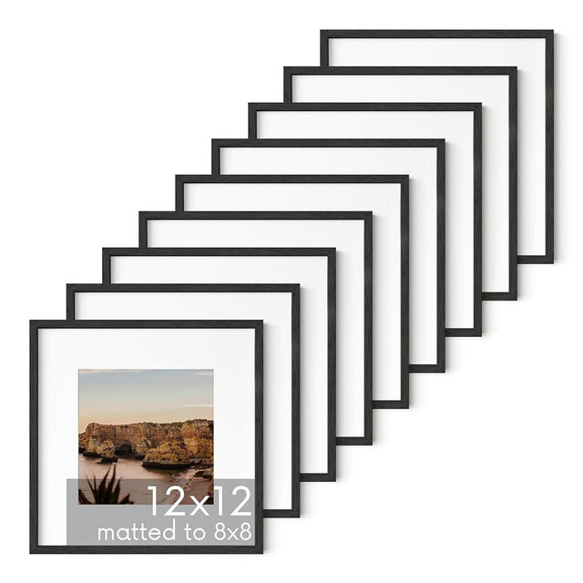 HAUS AND HUES Solid Oak Wood 12”x12” Picture Frames Matted to 8”x8” Set of 9 - Square Picture Frames 12x12 for Gallery Wall, Square Black Picture Frames, 12x12 Frames with Mat