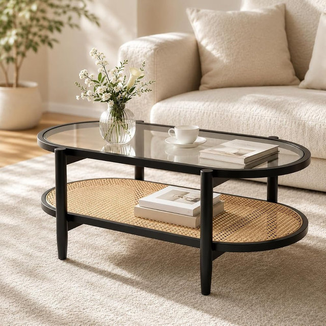 NAFORT Glass Top Coffee Table, 47.5” Rectangular Rattan Coffee Table with Storage Shelf, Solid Wood 2-Tier Boho Farmhouse Center Table for Living Room (Black, Oval)