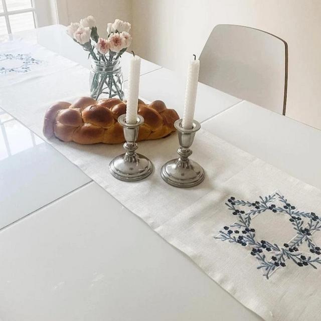 Ivory Linen Table Runner with Floral Magen David