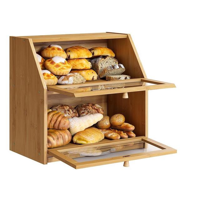 BMOSU Bread Box with Cutting Board Kitchen Bread Storage and Organizer Farmhouse Countertop Bread Box Double Bamboo Wood Oversized Capacity Bin Kitchen Food Storage Container (Clear Glass Window)