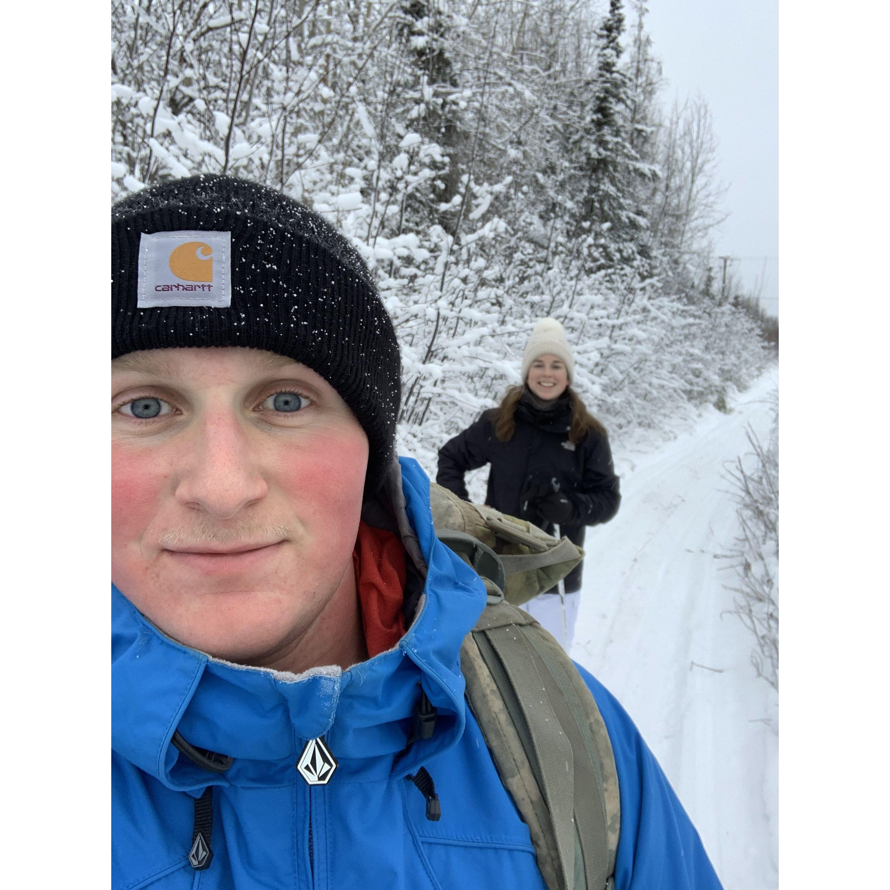 Some cross country skiing through our neighborhood in North Pole, Alaska 