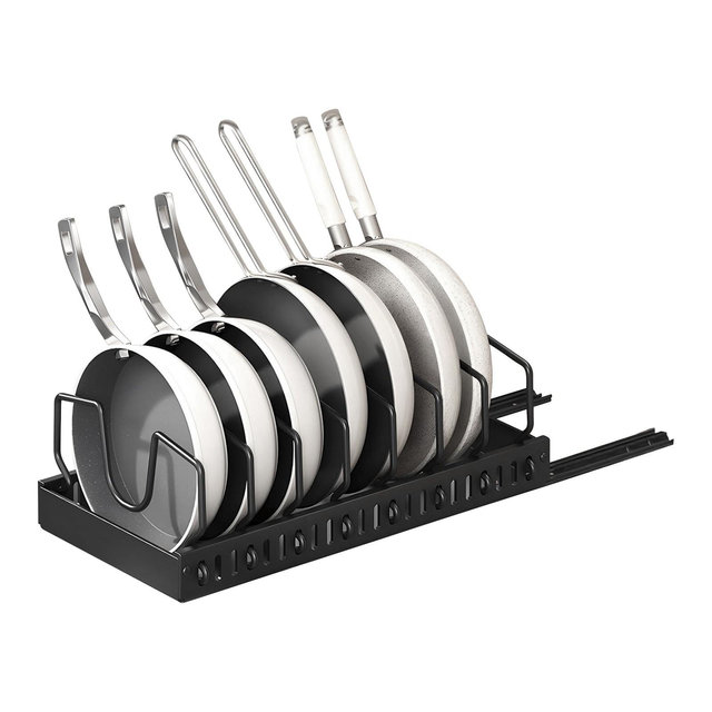 NewHome"Pull-Out Pots and Pans Organizer with 8 Adjustable Dividers, Rustproof Carbon Steel, Sliding Rack"Black