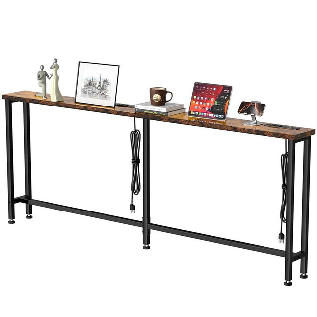 GRLEAF 63" Narrow Console Sofa Table with Built-in Power Strip (4 AC Outlets & 4 USB Ports) – 4.9ft Power Cord, Metal Frame, Easy Assembly, Ideal for Behind Couch, Hallway, and Office | Rustic Brown