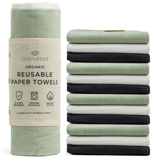 EcoPledge Reusable Paper Towels Washable Roll - Thick 12-pc Two Layered Ultra Absorbent Paperless Certified Organic Cotton Towels - Large Cloth Kitchen Paper Towel with Hanging Loop