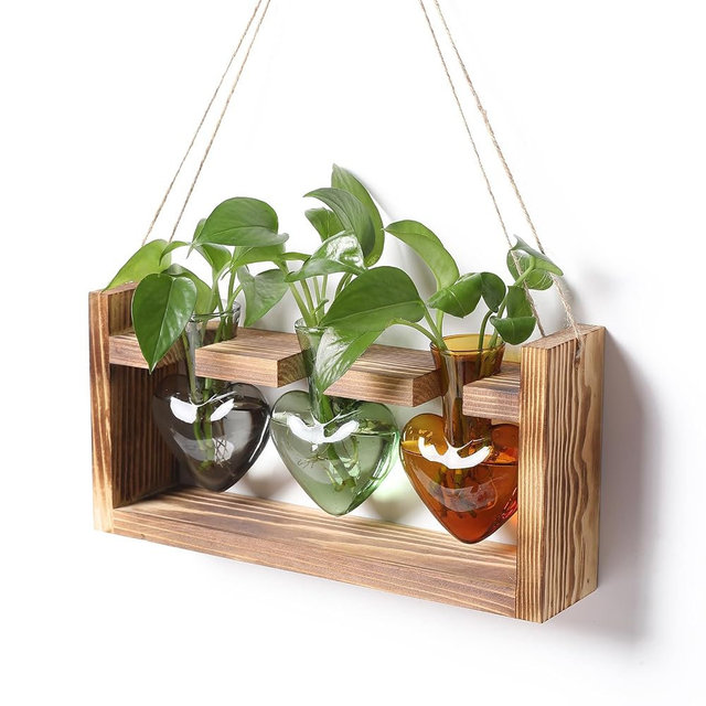 Plant Terrarium Propagation Stations Hydroponics Home Garden Decoration Gift for Women with Wooden Stand Heart Shaped Colored Glass Vase