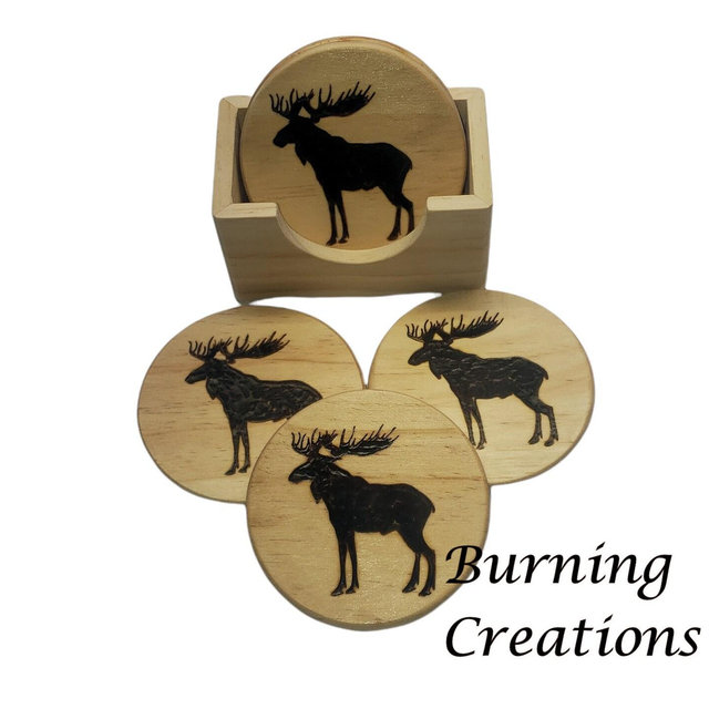 Moose Coaster Set, Pyrography, Wood Burned, Gift, Rustic, Coaster Set, Rustic Coaster Set, Wood Coasters, Coaster Set, Coaster