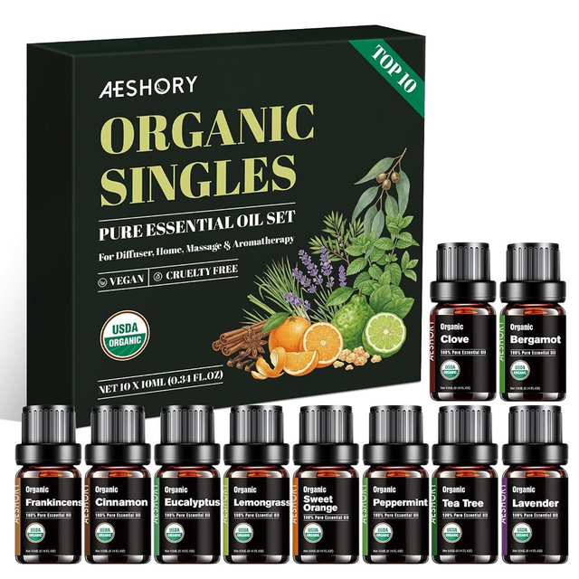 Organic Essential Oils Gift Set, Top 10x10ML-100% Pure Natural Aromatherapy for Diffusers, Humidifiers, Candle Making, Peppermint, Tea Tree, Lavender, Frankincense, Lemongrass, Eucalyptus & More