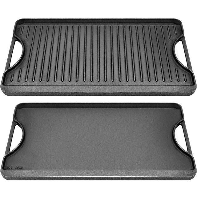 GGC Cast Iron Reversible Griddle, 2-in-1 Griddle Pan for Gas Stove Tops, Gas Grills and Camping, 20 x 10.5 Flat and Ribbed Griddle Plate for Indoor and Outdoor Cooking