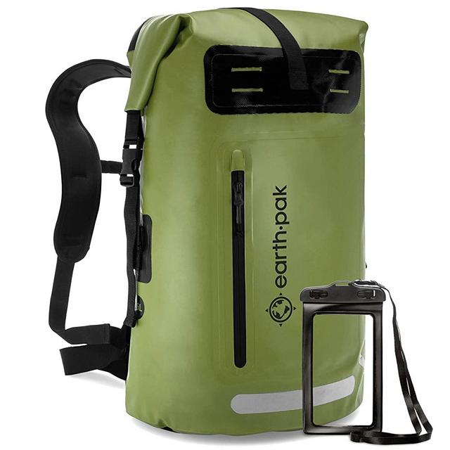 Earth Pak Waterproof Backpack: 35L / 55L Heavy Duty Roll-Top Closure with Easy Access Front-Zippered Pocket and Cushioned Padded Back Panel for Comfort; IPX8 Waterproof Phone Case Included