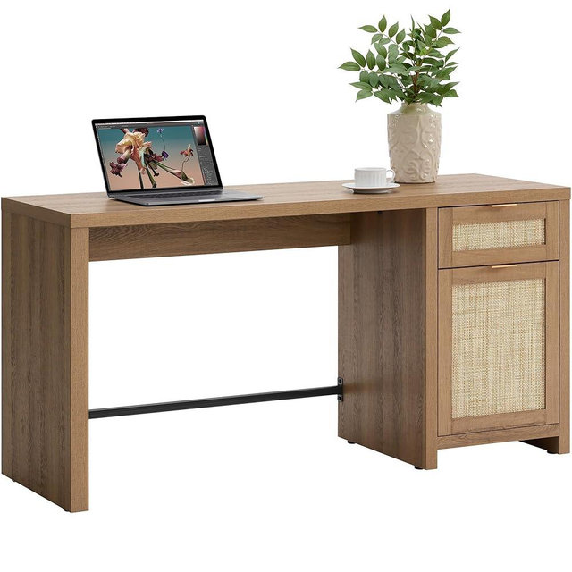 SICOTAS Rattan Executive Desk with Storage, 59" Boho Home Office Desk with Cabinets and Drawers, Large Computer Table Vanity Desk for Office, Study, Living Room, Oak